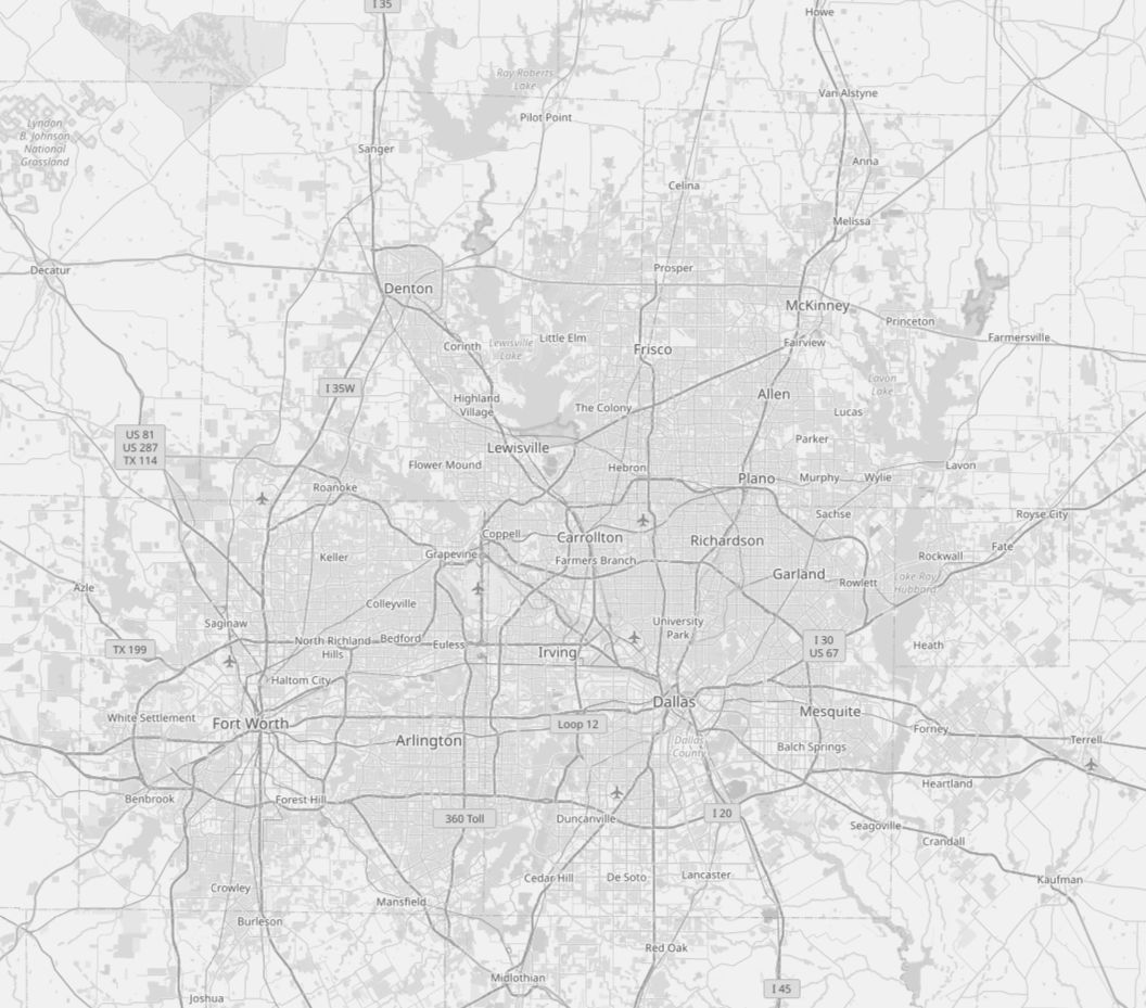 Grayscale street map of the Dallas-Fort Worth metroplex